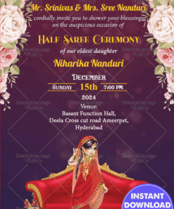 Purple Theme Floral Half Saree Invitation Card