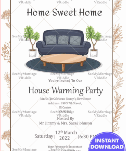 Quirky Invitation Card For House Warming Party With A Comfy Dark Blue Sofa
