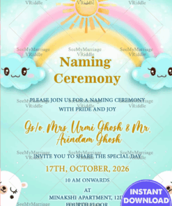 Rainbow Theme Naming Ceremony Invitation Card With Funny Clouds And Water Color Sun In Light Green Background