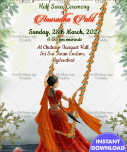 Red Autumn theme Girl in Swing Half Saree Invitation Card