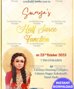 Yellow Background With Golden Text Half Saree function Invitation card