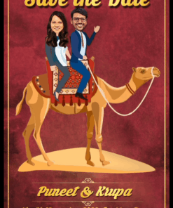 A Comic Invitation For Wedding Celebrations With Couple on Camel Caricature