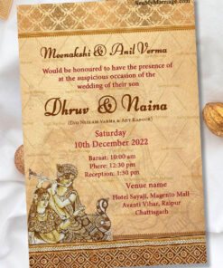 Radha Krishna Theme Wedding Invitation Card With Damask Design And Old Paper Effect Background