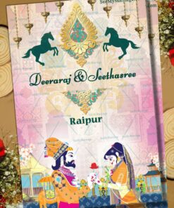 Traditional Raja Rani Theme Wedding Invitation Card With Horse, Palace Background And Hanging Diya