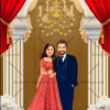 A Blue Theme Wedding Invitation With Couple's Initials Monogrammed and Fun Wedding Event Specific Caricatures