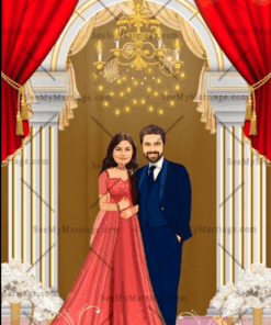 A Blue Theme Wedding Invitation With Couple's Initials Monogrammed and Fun Wedding Event Specific Caricatures