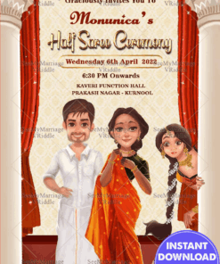 A Cartoon Theme Grand Family Invitation Card For Half Saree Ceremony Of Mischievous Girl