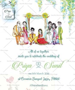 A Uniquely Fun White Coloured Invitation Card For Indian Wedding With Cute Cartoon Figures