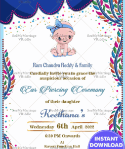 Joyous Blue Theme Ear Piercing Ceremony Invitation With A Climbing Vine Design