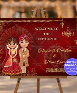 Wedding and Reception Entry Banner / Poster - Red Theme Rich And Royal Wedding Banner With A Cartoon Couple In Regal Wedding Finery