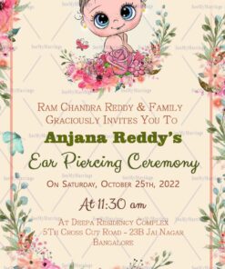 Pink Floral Video Invitation For Ear Piercing Ceremony With A Cute Blue Eyed Cartoon Baby