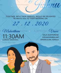 A Seaside Selfi With The Moon Of A Caricature Couple In A Blue Theme Wedding Invitation Video