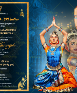 A Vibrant Arengatram Invitation Card In A Peacock Blue Theme For Ranga Pravesham Of A Budding Performer