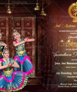 The Stage Is My Temple Theme Traditional Arengatram Invitation Card With Dancers In Vibrant Blue