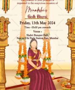 Traditional Video Invitation For Godh Bharai With A Caricature of Blooming Pregnant Woman On A Swing