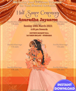 Invitation Card For Half Saree Ceremony Of A Bashful Girl In Shades Of Peaches And Pinks