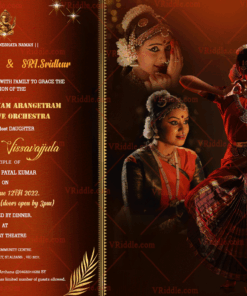 Dance Is My Prayer Theme Maroon Coloured Arengatram Invitation Card With Gold Accents
