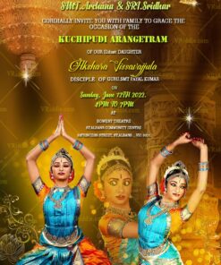 A Stunning Invitation Card For Arengatram Ceremony With Beautiful And Dramatic Images Of The Dancer In A Blue Pleated Saree