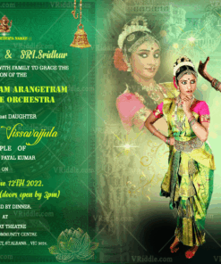 A Green Theme Arengatram Ceremony Invitation Card With Expressive Eyed Performing Artist