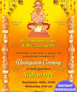 Orange Theme Invitation Card For Upanayanam Ceremony With Hanging Bells And Lamps