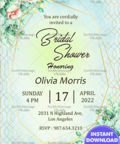 A Unique Sea Green Theme Invitation Card For Bridal Shower With Golden Pattern