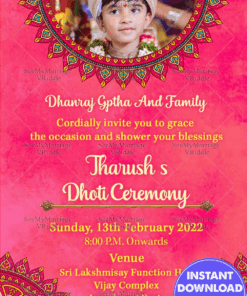 A Festive Pink Theme Invitation Card With Multicolored Mandala Design For A Grand Dhoti Function