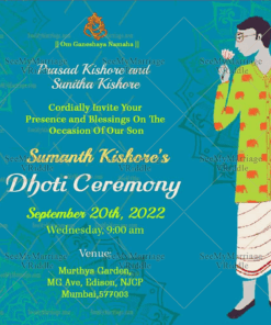 A Fun Blue Theme Invitation Card For Dhoti Function With Golden Mandalas And A Toony Boy Holding A Pink Lotus