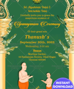 A Green Theme Traditional Invitation Card For Upanayanam Ceremony With Golden Temple Arch
