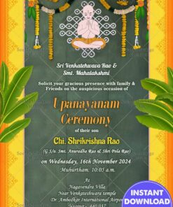 A Green Upanayanam Invitation Card With Yellow Side Strips and Banana Shrub On Either Sides