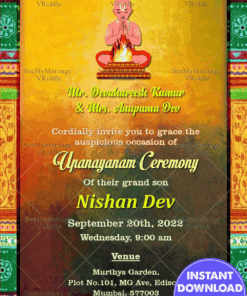 A Multicoloured Invitation Card For Traditional Upanayanam Ceremony With Vintage Painted Wooden Frame
