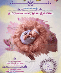 A Telugu Invitation Card For Naming Ceremony With Sleeping Baby And Butterflies