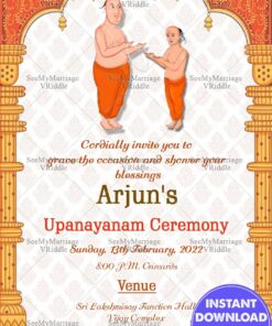 A Traditional Invitation Card For Upanayanam Ceremony In Cream Theme With Image Of Father And Son Performing The Ritual Under A Temple Arch