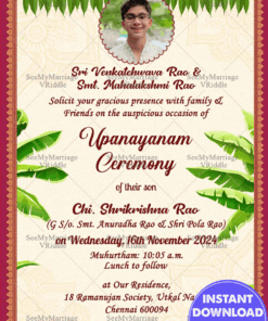 A Traditional Red And White Upanayanam Invitation Card With Gold Border And Image Of The Boy