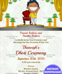 An Endearing And Funky Invitation Card For Dhoti Function With A Toony Boy In A Yellow Shirt Smiling From Ear To Ear