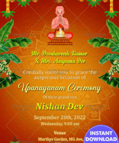 An Orange Theme Traditional Upananyanam Invitation Card With A Boy At The Center Of An Intricately designed Mandala Seeking Knowledge