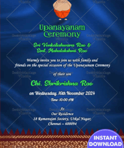 Blue Theme Invitation Card For Upanayanam Ceremony With An Endearing Boy In Dhoti