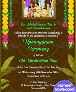 Green Theme Invitation Card For Upanayanam Ceremony With Traditional Flower Decoration And Gold Framed Painting