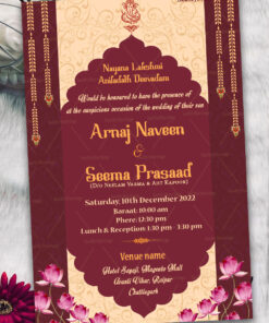 Traditional Cream And Maroon Theme Wedding Invitation Card With Hanging Garlands, Pink Lotus And Gold Accents