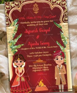 Punjabi Style Cartoon Couple Wedding Invitation Card With Golden Mahal Frame Design, Red Theme Background