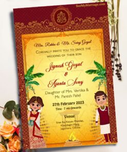 A Traditional Wedding Invitation Card In Auspicious Red And Yellow Color With Cute Cartoony Bride And Groom