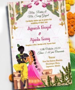 A Modern Touch To A Traditional Wedding Invitation Card With The Image Of Krishna Romancing His Cute Radha In Pink