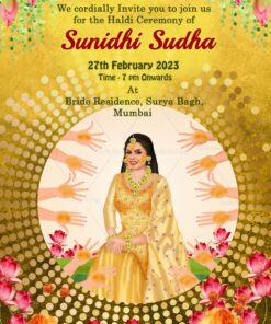 Colorful Caricature Theme Wedding Haldi Ceremony Invitation Card With Lotus Flower And Marigold Hanging, Haldi Girls Hands