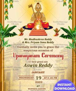 A Traditional  Cream Theme Upanayanam Invitation Card With Cartoon Boy