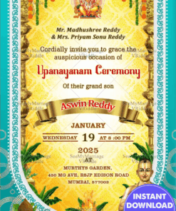 A Traditional  Yellow And Blue Theme Upanayanam Invitation Card With Cartoon Boy