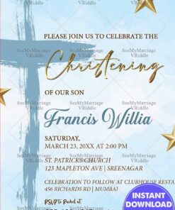 Modern Blue Theme Christening Invitation Card Golden Star