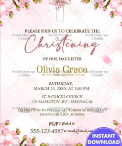 Pink Cherry Blossom Theme Christening Invitation Card