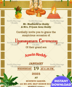 A Traditional Gold Off White Theme Upanayanam Invitation Card With Cartoon Boy