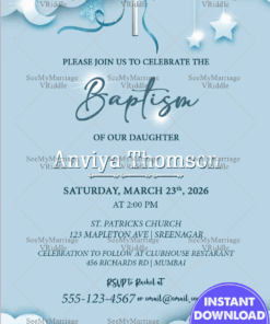 Blue Baptism Invitation Card Adorned With Moon And Stars