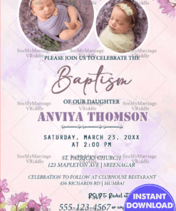 Lilac Floral Theme Baptism Invitation Card With Baby Photos