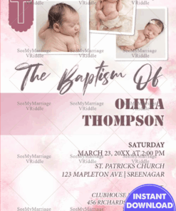 Pink Theme Baptism Invitation Card With Baby Photos